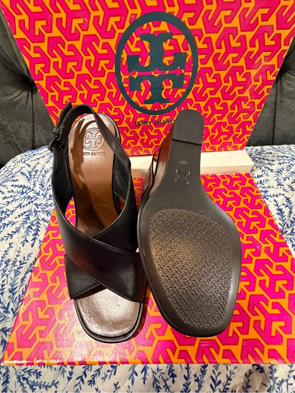 Tory Burch Black Leather Slingback Wedge Sandals